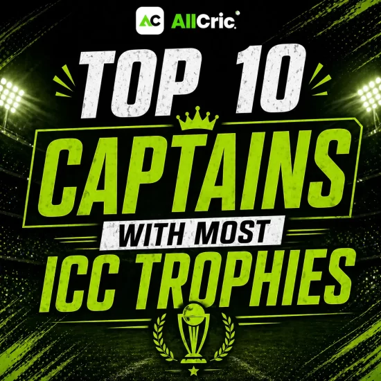 Top 10 captains with most ICC trophies heading poster in AllCric green black theme