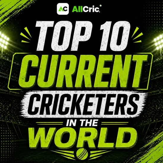 Top 10 current cricketers in the world heading poster in AllCric green black theme
