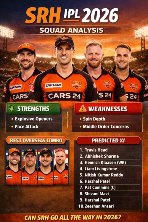 SRH IPL 2026 squad analysis with Pat Cummins, Travis Head, Abhishek Sharma, strengths, weaknesses and predicted playing XI