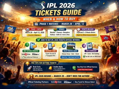 IPL 2026 tickets guide graphic showing how to buy tickets for Phase 1 matches (March 28–April 12) with stadium background, tickets, smartphone booking screen, and purchase icons