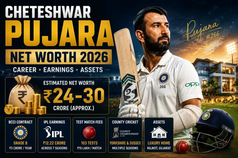 Cheteshwar Pujara net worth 2026 graphic showing an estimated ₹24–30 crore net worth, ₹12.22 crore IPL earnings, BCCI Grade B contract, Test career and Rajkot home.