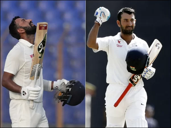 Cheteshwar Pujara Test cricket collage highlighting his BCCI central contract, 103-Test career and ₹15 lakh Test match fee.