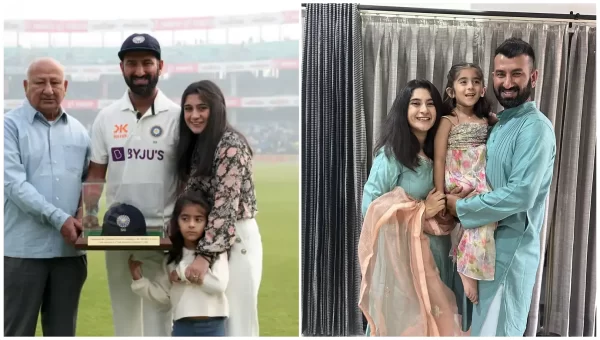 Cheteshwar Pujara family collage with his father, wife and daughter during personal and cricket-related moments.