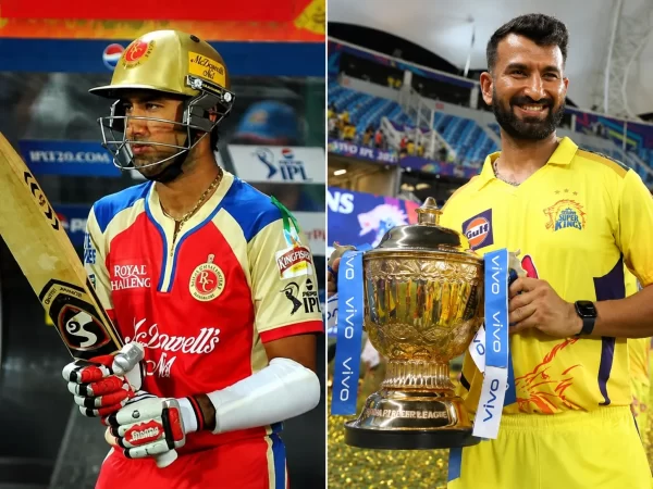 heteshwar Pujara IPL career collage showing his RCB years and 2021 CSK title-winning season, with total IPL earnings of ₹12.22 crore.