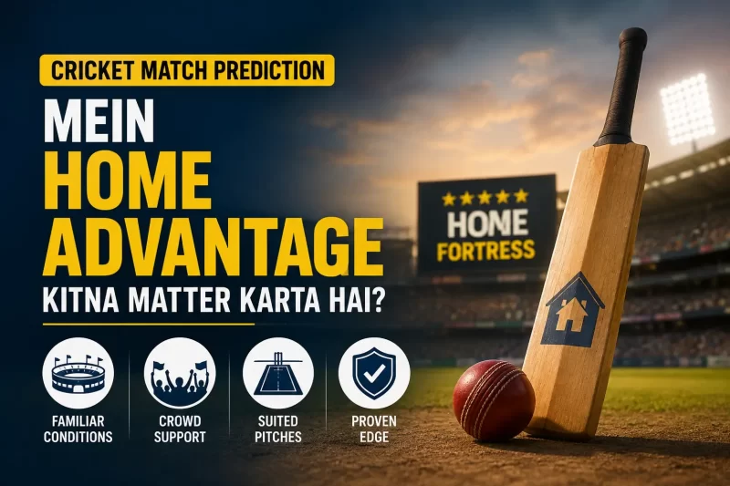 Cricket match prediction graphic jo dikhata hai ki home advantage mein familiar conditions, crowd support, suited pitches aur proven home edge kitna matter karte hain, especially Test cricket mein.