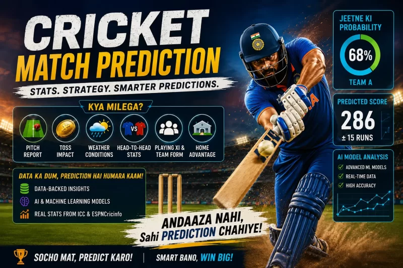 Cricket match prediction guide covering pitch, toss, weather, head-to-head stats, playing XI, home advantage and AI win probability analysis.