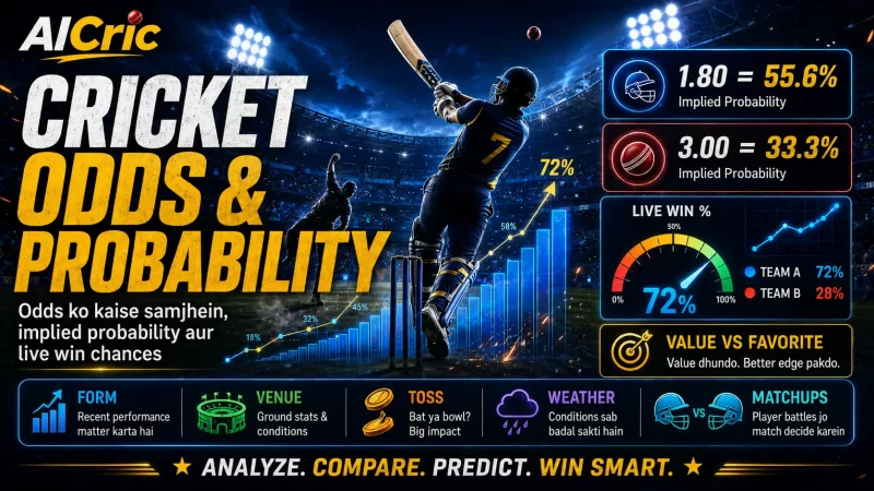 Cricket odds aur probability guide, jisme implied probability, live win chances aur form, venue, toss, weather aur player matchups jaise key factors dikhaye gaye hain.