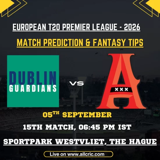 DBG vs ADF today match prediction graphic for Dublin Guardians vs Amsterdam Flames, ETPL 2026 Match 15 at Sportpark Westvliet, featuring DBG vs ADF fantasy tips and fantasy team preview.