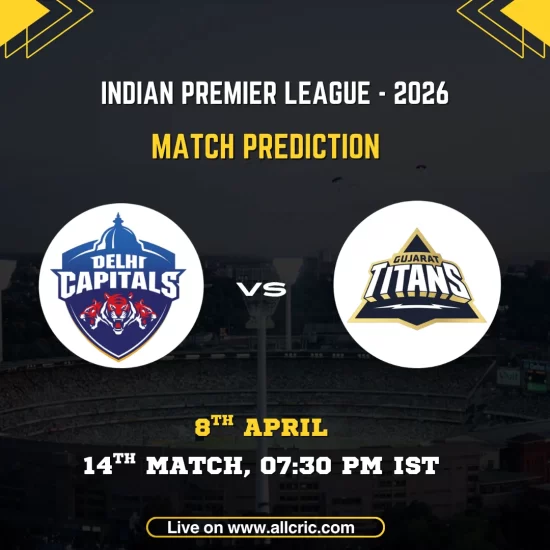 DC vs GT today match prediction graphic for IPL 2026 match 14 featuring Delhi Capitals vs Gujarat Titans on April 8 at Arun Jaitley Stadium, Delhi, highlighting match details and win prediction favoring Delhi Capitals.