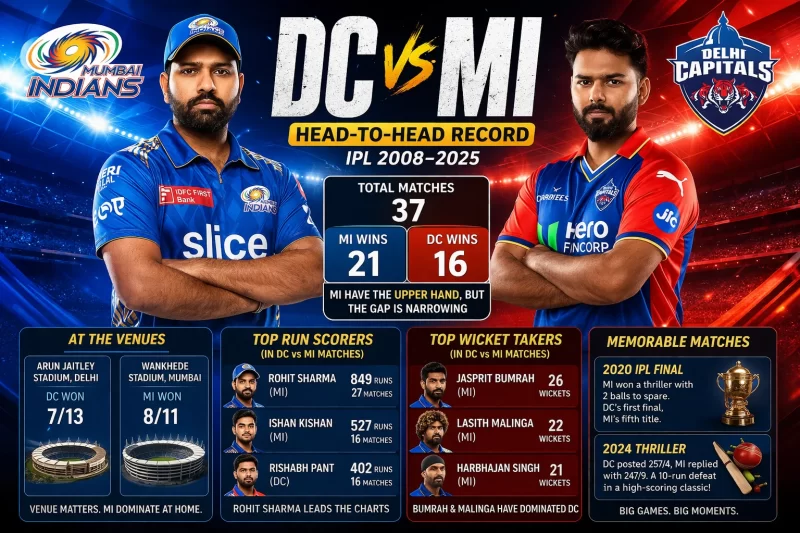 DC vs MI head-to-head record infographic IPL 2008–2025 showing Mumbai Indians vs Delhi Capitals stats, total matches 37, MI wins 21, DC wins 16, top run scorers Rohit Sharma, Ishan Kishan, Rishabh Pant and top wicket takers Jasprit Bumrah, Lasith Malinga