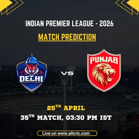 DC vs PBKS today match prediction IPL 2026 graphic showing Delhi Capitals vs Punjab Kings with match details, date 25 April and win prediction analysis