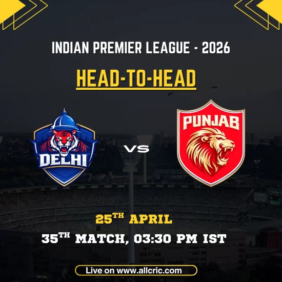 DC vs PBKS head to head today IPL 2026 graphic showing Delhi Capitals vs Punjab Kings head to head record with match date 25 April and team logos