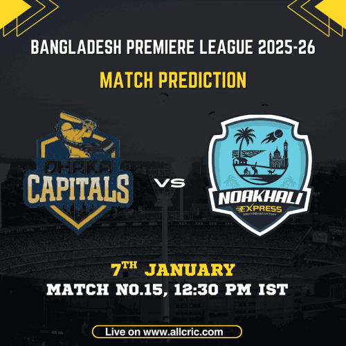 Bangladesh Premier League 2025–26 Match 15 prediction graphic showing Dhaka Capitals vs Noakhali Express at Sylhet International Cricket Stadium, featuring DHCP vs NOE match prediction, DHCP vs NOE fantasy prediction, and DHCP vs NOE Dream11 team today with match date 7 January 2026 and time 12:30 PM IST.