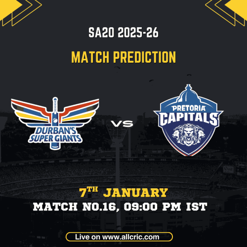 DSG vs PC match prediction graphic for SA20 2025-26 Match 16 showing Durban’s Super Giants vs Pretoria Capitals at Kingsmead, including DSG vs PC Dream11 prediction, match details, date, time, and today's match preview.