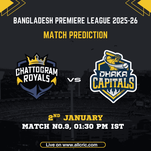Chattogram Royals vs Dhaka Capitals match prediction for BPL 2025-26 Match 9 at Sylhet International Cricket Stadium, featuring team logos, match date, time, and fantasy insights – dhcp vs chr match prediction and dhcp vs chr fantasy prediction.