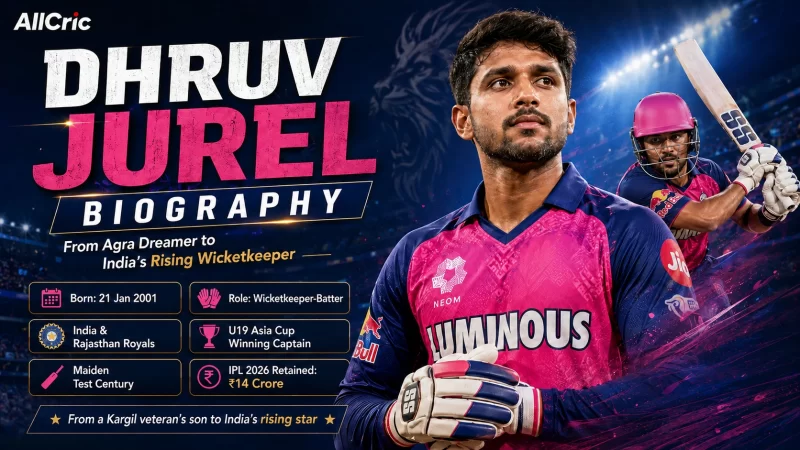 Dhruv Jurel biography graphic highlighting the India and Rajasthan Royals wicketkeeper-batter, his ₹14 crore IPL 2026 retention, U19 Asia Cup captaincy and maiden Test century.
