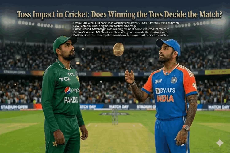 Two cricket captains performing the toss on the pitch before a match in a packed floodlit stadium, with a gold coin spinning in the air between them, overlaid with key toss impact statistics including toss-winning teams winning 50.68% of ODI matches over 20+ years, dew factor advantage in T20s, home ground toss win rate of 59.5%, and the conclusion that player skill ultimately decides the match outcome.