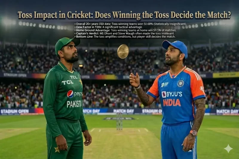 Two cricket captains performing the toss on the pitch before a match in a packed floodlit stadium, with a gold coin spinning in the air between them, overlaid with key toss impact statistics including toss-winning teams winning 50.68% of ODI matches over 20+ years, dew factor advantage in T20s, home ground toss win rate of 59.5%, and the conclusion that player skill ultimately decides the match outcome.