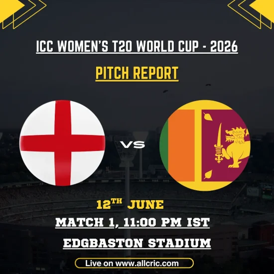 ENG-W vs SL-W pitch report graphic for the ICC Women’s T20 World Cup 2026 opener at Edgbaston Stadium, Birmingham. The image features England Women and Sri Lanka Women flags, match details, and venue information, highlighting the ENG-W vs SL-W pitch report today with insights into batting and bowling conditions at Edgbaston.