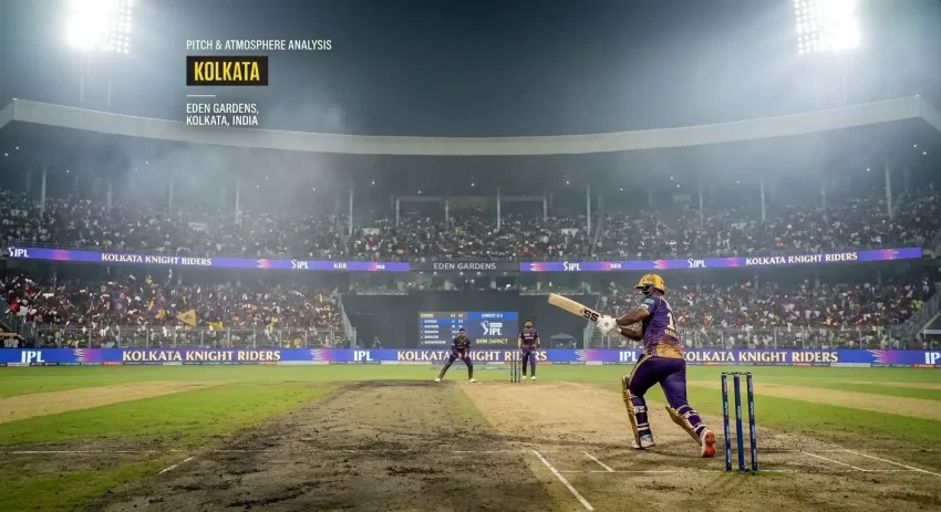 Eden Gardens IPL pitch and atmosphere analysis graphic showing a KKR batter playing a shot under floodlights on the black-soil pitch, with a packed 66,000-capacity stadium crowd, "Dew Impact" displayed on the scoreboard, and "Kolkata Knight Riders" branding around the perimeter in Kolkata, India.