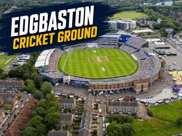 Aerial view of Edgbaston Cricket Ground in Birmingham, showing the packed stands, central cricket pitch, surrounding buildings, and “Edgbaston Cricket Ground” text overlay.