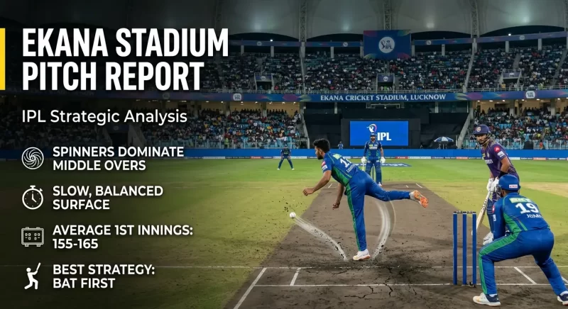 Ekana Stadium IPL pitch report graphic showing an LSG spinner in delivery stride against a KKR batter under floodlights at Ekana Cricket Stadium, Lucknow, with key stats overlaid: Spinners Dominate Middle Overs, Slow Balanced Surface, Average 1st Innings 155–165, Best Strategy: Bat First.