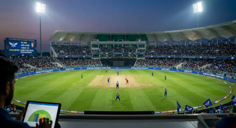 Aerial wide-angle view of Lucknow Ekana Cricket Stadium during a floodlit IPL night match between LSG and RCB. The scoreboard displays "Pitch Report: Slow & Two-Paced, Spin Assistance." LED boundary boards around the ground read "Ekana Pitch Insights," "Spin is Key," and "Bowling-Friendly Conditions." A fan in the foreground analyses match data on a tablet. The dry, two-toned pitch surface is clearly visible at the centre of the ground.