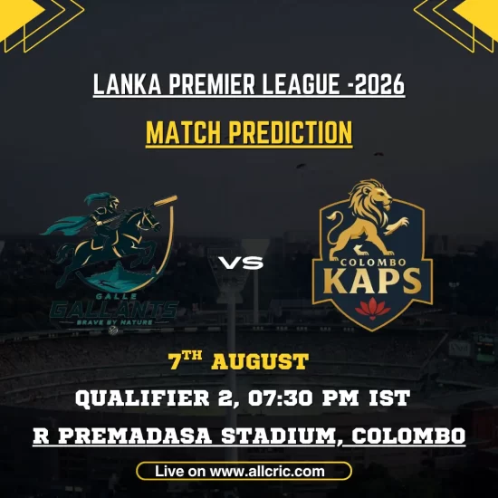 GG vs CK today match prediction graphic for Galle Gallants vs Colombo Kaps in LPL 2026 Qualifier 2 at R. Premadasa Stadium, Colombo, on August 7.