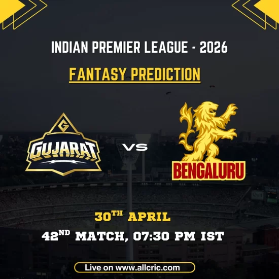 GT vs RCB Dream11 prediction today match IPL 2026 – Gujarat Titans vs Royal Challengers Bengaluru fantasy prediction poster with team logos, April 30, 7:30 PM IST at Narendra Modi Stadium Ahmedabad