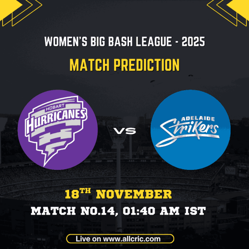 WBBL 2025 Match Prediction graphic featuring Hobart Hurricanes Women vs Adelaide Strikers Women for Match 14 on 18th November, 1:40 AM IST, with team logos displayed against a stadium background, promoting HH-W vs AS-W today match prediction and Dream11 insights