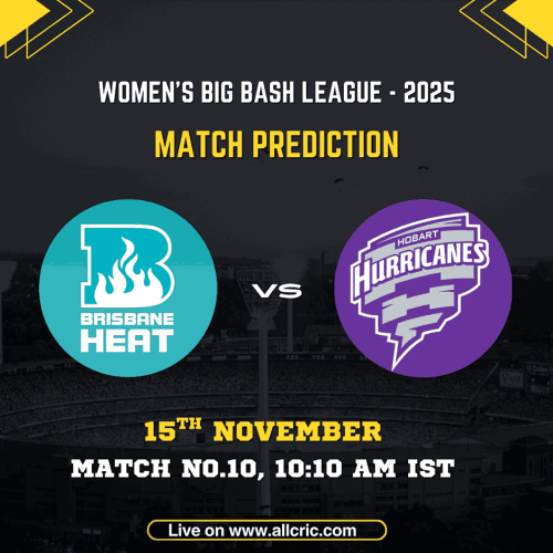 “HH W vs BH W Dream11 prediction graphic for WBBL 2025 Match 10 featuring Brisbane Heat Women vs Hobart Hurricanes Women on 15th November, 10:10 AM IST. Match promotion banner showing team logos, venue details, and today match prediction highlights