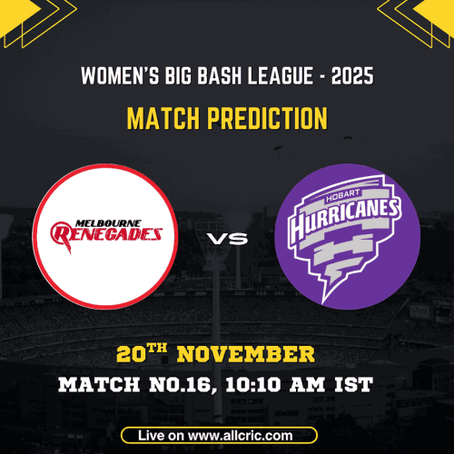 Graphic for Women’s Big Bash League 2025 featuring Melbourne Renegades Women vs Hobart Hurricanes Women for Match 16 on 20th November at 10:10 AM IST, showing both team logos over a stadium background, promoting HH W vs MR W today match prediction and Dream11 insights.