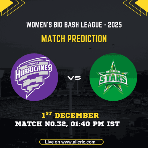 WBBL 2025 Match Prediction graphic featuring Hobart Hurricanes Women vs Melbourne Stars Women for Match 32 on 1st December at 01:40 PM IST, showing both team logos on a stadium background