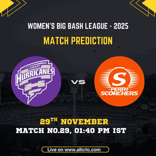 "HH-W vs PS-W match prediction graphic for WBBL 2025 featuring Hobart Hurricanes Women and Perth Scorchers Women logos, match date 29th November, timing 01:40 PM IST, with stadium backdrop and AllCric branding. Focus keywords: hh w vs ps w dream11 prediction, hh w vs ps w today match prediction.