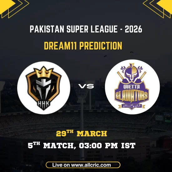 Pakistan Super League 2026 Dream11 prediction match card for Hyderabad Kingsmen vs Quetta Gladiators. The graphic displays the Hyderabad Kingsmen armoured knight shield logo with "HHK" initials and the Quetta Gladiators purple gladiator helmet crest with crossed bats in circular frames on either side of a "VS" marker, set against a dark stadium backdrop. Match details read: 5th Match, 29th March, 03:00 PM IST. Website URL allcric.com is shown at the bottom.