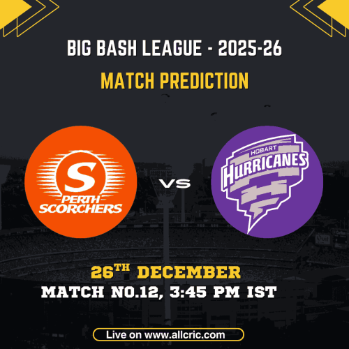 Perth Scorchers vs Hobart Hurricanes match prediction graphic for Big Bash League 2025–26 Match 12 at Optus Stadium, featuring SCO vs HUR logos, match date 26th December, time 3:45 PM IST, and hur vs sco today match prediction with Dream11 team insights.