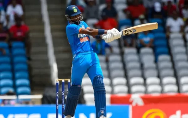 Hardik Pandya playing an attacking shot while batting for India in an international cricket match.