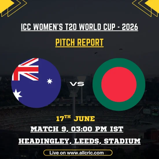 AUS-W vs BAN-W pitch report today graphic for ICC Women’s T20 World Cup 2026 Match 9 at Headingley, Leeds. Features Australia Women and Bangladesh Women flags with match details and Headingley Leeds pitch report analysis, highlighting a seam-friendly surface, batting-first advantage, average scores, and fantasy cricket insights for the AUS-W vs BAN-W clash.