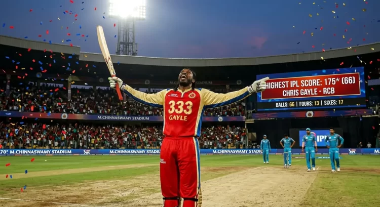 Chris Gayle, wearing RCB's red and gold jersey with the number 333, celebrates at the M. Chinnaswamy Stadium with arms and bat raised skyward amid falling confetti, as the stadium scoreboard displays his record-breaking innings: Highest IPL Score — 175* off 66 balls, 13 fours, 17 sixes.