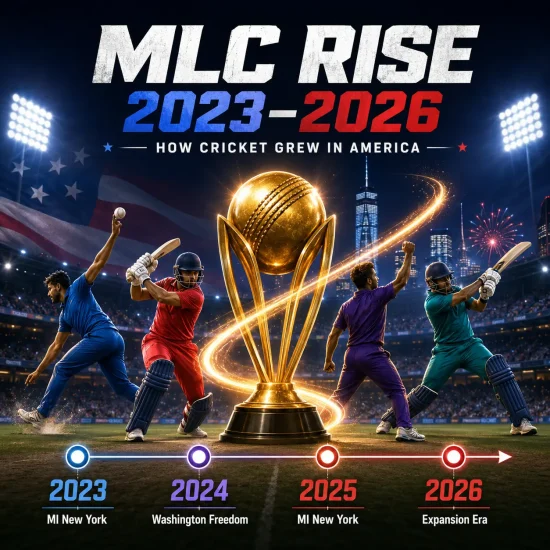 Major League Cricket rise from 2023 to 2026 timeline showing MI New York's 2023 and 2025 titles, Washington Freedom's 2024 championship, and the MLC 2026 expansion era highlighting the league's rapid growth in the USA.