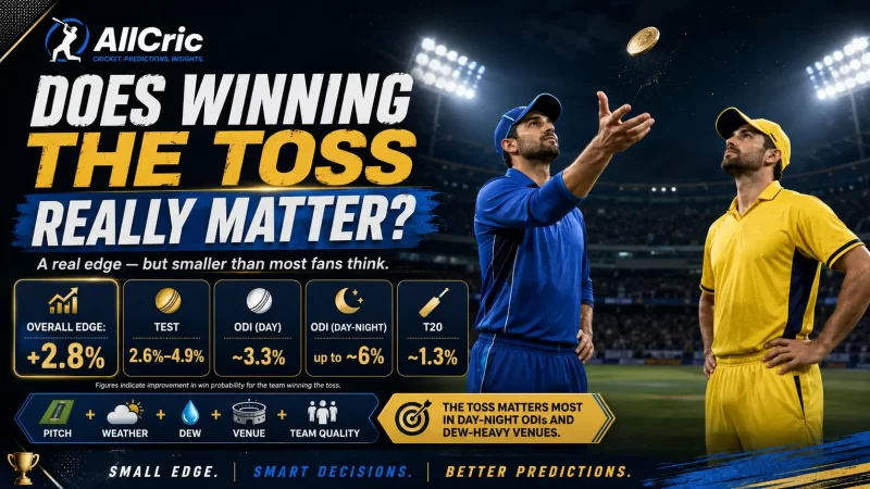 Cricket toss impact infographic showing two captains at the coin toss and how winning the toss affects match results across Test, ODI and T20 cricket.