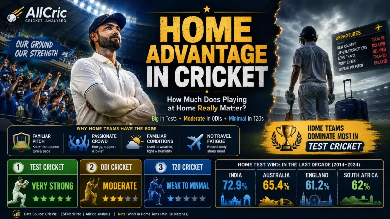 Home advantage in cricket infographic showing familiar pitches, crowd support, local conditions and no travel fatigue, with Test cricket rated strongest.