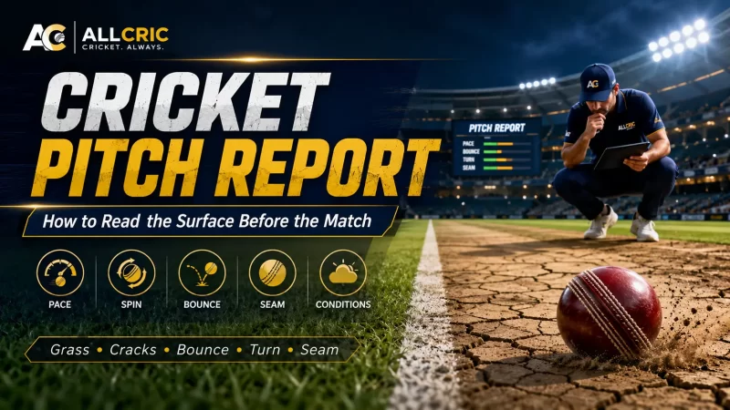 Cricket pitch report infographic explaining how to read grass, cracks, pace, spin, bounce, seam and weather conditions before a cricket match.