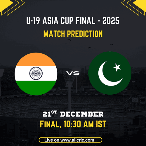 U-19 Asia Cup Final 2025 match prediction graphic showing India U-19 vs Pakistan U-19 with national flags, scheduled for 21st December at 10:30 AM IST at ICC Academy Dubai, highlighting Ind U19 vs Pak U19 Dream11 prediction, today match prediction, win probability, and fantasy cricket insights.