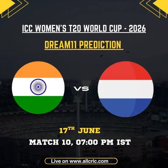 IND-W vs NED-W Dream11 Prediction Today Match graphic for ICC Women’s T20 World Cup 2026 featuring India Women vs Netherlands Women. Includes Dream11 team prediction, fantasy cricket tips, captain and vice-captain picks, match details, and fantasy insights for the Headingley, Leeds clash on 17 June 2026.
