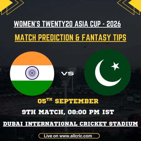 IND W vs PAK W today match prediction graphic for India Women vs Pakistan Women, Women’s T20 Asia Cup 2026 Match 9 in Dubai, featuring fantasy tips and fantasy team preview.