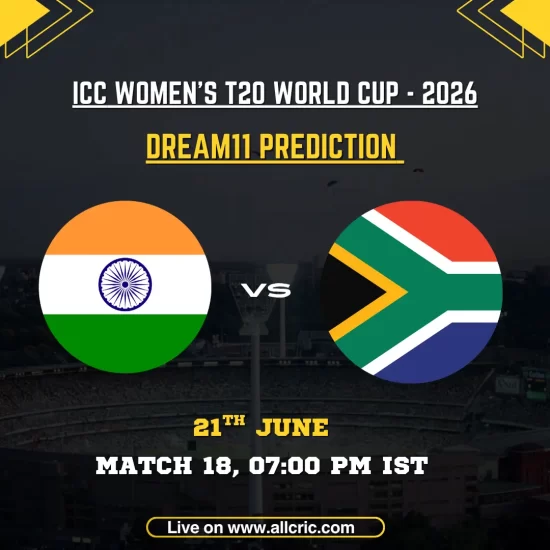 IND-W vs SA-W Dream11 prediction today match graphic for Match 18 of the ICC Women’s T20 World Cup 2026 at Emirates Old Trafford, Manchester. The image features India Women vs South Africa Women on June 21 at 7:00 PM IST, highlighting Dream11 team prediction with key fantasy picks including Smriti Mandhana, Laura Wolvaardt, Shree Charani, Deepti Sharma, and Nonkululeko Mlaba.