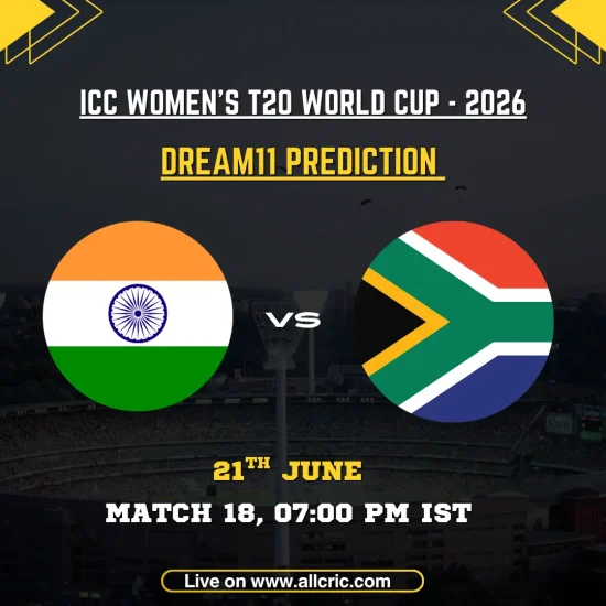IND-W vs SA-W Dream11 prediction today match graphic for Match 18 of the ICC Women’s T20 World Cup 2026 at Emirates Old Trafford, Manchester. The image features India Women vs South Africa Women on June 21 at 7:00 PM IST, highlighting Dream11 team prediction with key fantasy picks including Smriti Mandhana, Laura Wolvaardt, Shree Charani, Deepti Sharma, and Nonkululeko Mlaba.