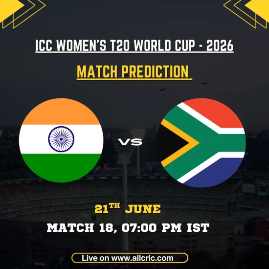 IND-W vs SA-W today match prediction graphic for Match 18 of the ICC Women’s T20 World Cup 2026 at Old Trafford, Manchester. The image features India Women vs South Africa Women, scheduled for June 21 at 7:00 PM IST. The preview focuses on the IND-W vs SA-W match prediction and toss prediction, highlighting Smriti Mandhana, Harmanpreet Kaur, Laura Wolvaardt, and Nonkululeko Mlaba as key players on a batting-friendly pitch.