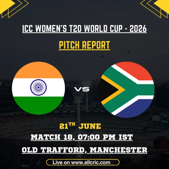IND-W vs SA-W pitch report today graphic for Match 18 of the ICC Women’s T20 World Cup 2026 at Emirates Old Trafford, Manchester. The image features India Women vs South Africa Women with details for June 21, 7:00 PM IST, highlighting the Old Trafford pitch report batting or bowling analysis, where the batting-friendly surface and toss preference favor teams batting first.